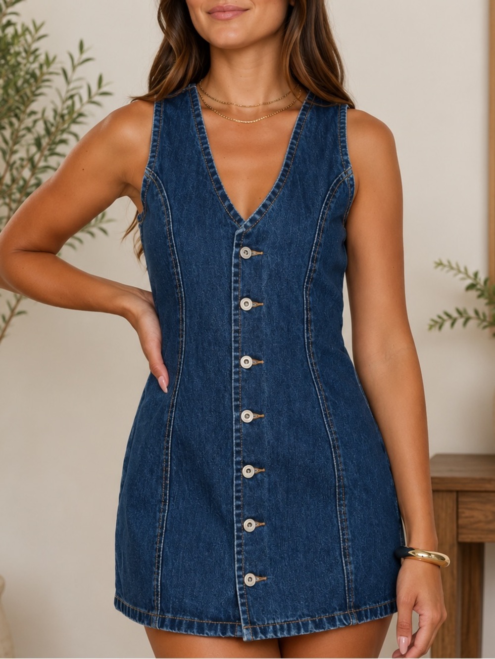 Sleeveless Dark Blue Denim Tie-Back Mini Dress